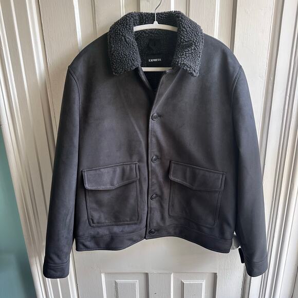 Express Faux Suede Sherpa-Lined Trucker Chore Jacket Charcoal Gray NWT - Picture 2 of 8